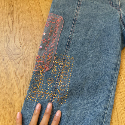 Vintage Italian Designer Embroidered Denim Cropped Pants Beaded Detail (S)
