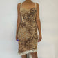 90s Italian abstract & floral asymmetrical lace trimmed midi dress lace up back