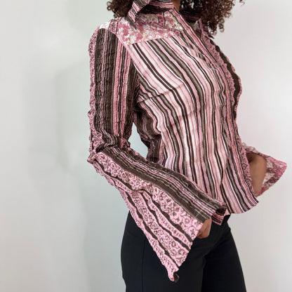 Vintage French Mixed Print Shirt Flared Cuffs (XS/S)