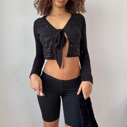 Vintage Black Sequin Tie Front Cardigan Sheer Mesh Y2K Euro Top (S)