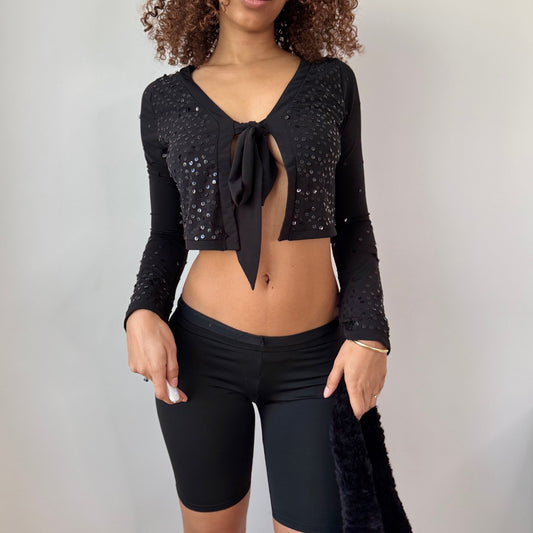 Vintage Black Sequin Tie Front Cardigan Sheer Mesh Y2K Euro Top (S)