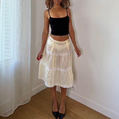 Italian Vintage Pale Butter Yellow Cream Sheer Tiered Lace Trim Romantic Midi Skirt