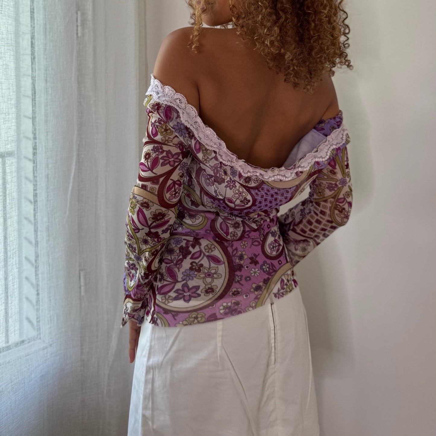 Vintage Purple Pink Paisley Floral Off Shoulder Mesh Top Y2K (M/L)