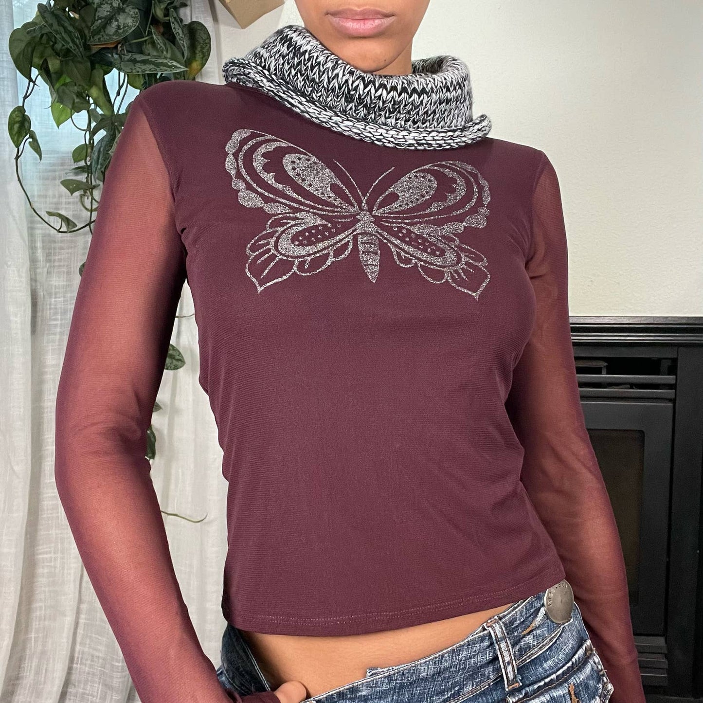 Vintage 2000s Butterfly Mesh Long Sleeves Top (XS-S)