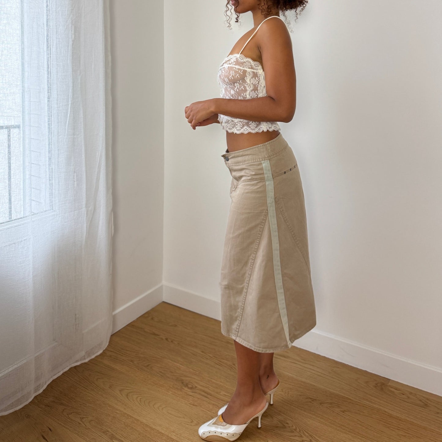 Vintage Y2K khaki A-line studded midi skirt by ONLY (Small)