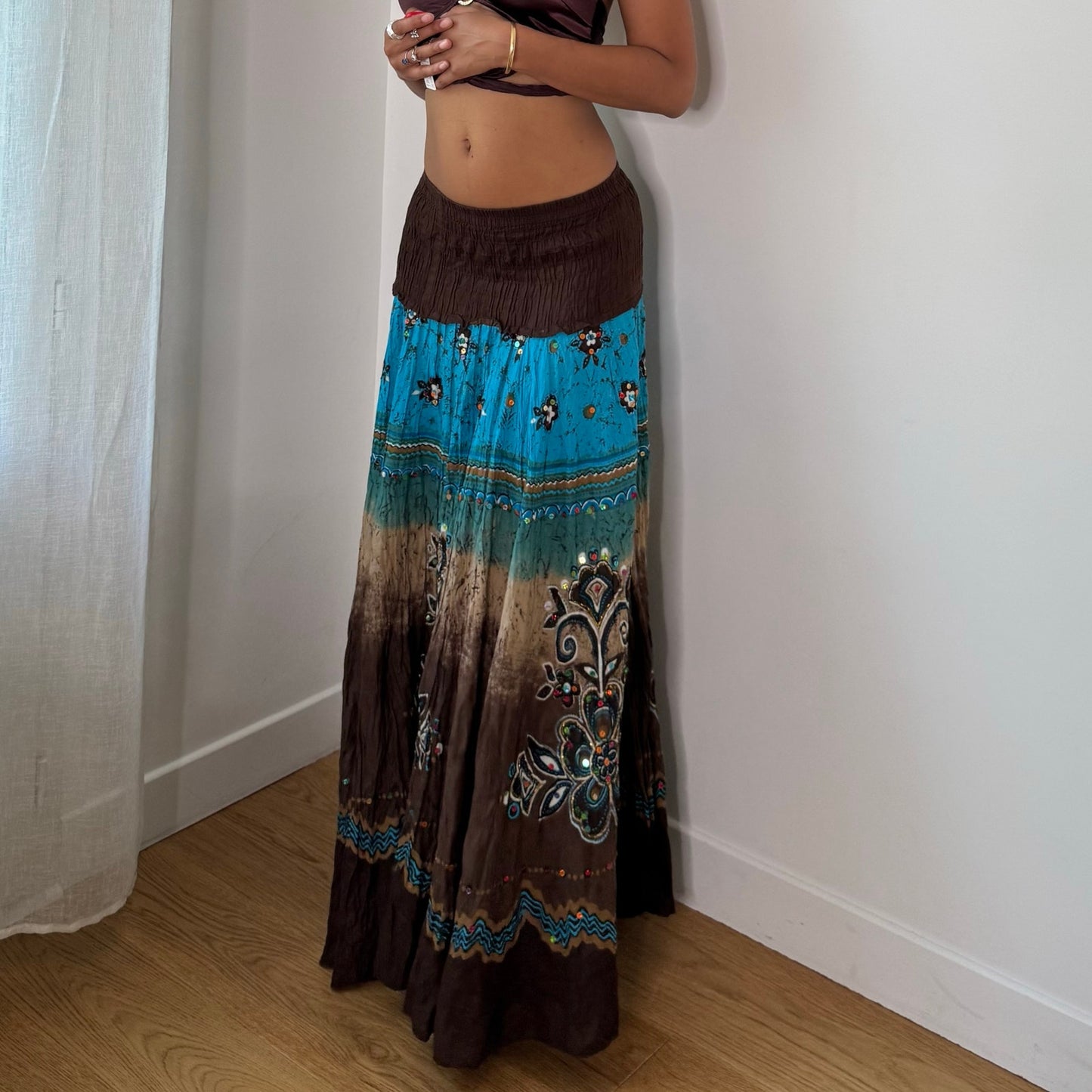 Vintage Brown Blue Sequin Boho Maxi Skirt Euro Y2K (XS/S)