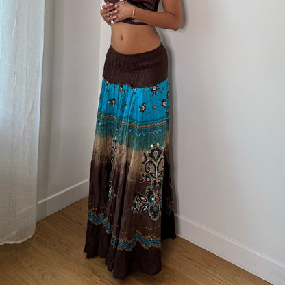 Vintage Brown Blue Sequin Boho Maxi Skirt Euro Y2K (XS/S)