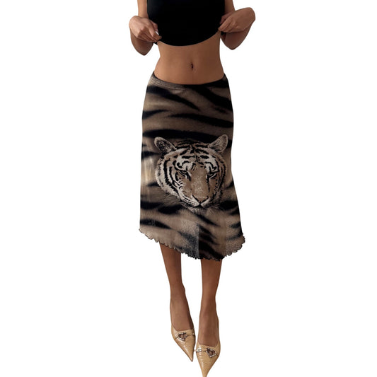 Vintage Brown Tiger Print Mesh Midi Skirt (S)