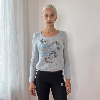 Vintage Baby Blue Mohair Blend Sequin Floral Sweater Italian Y2K (S/M)