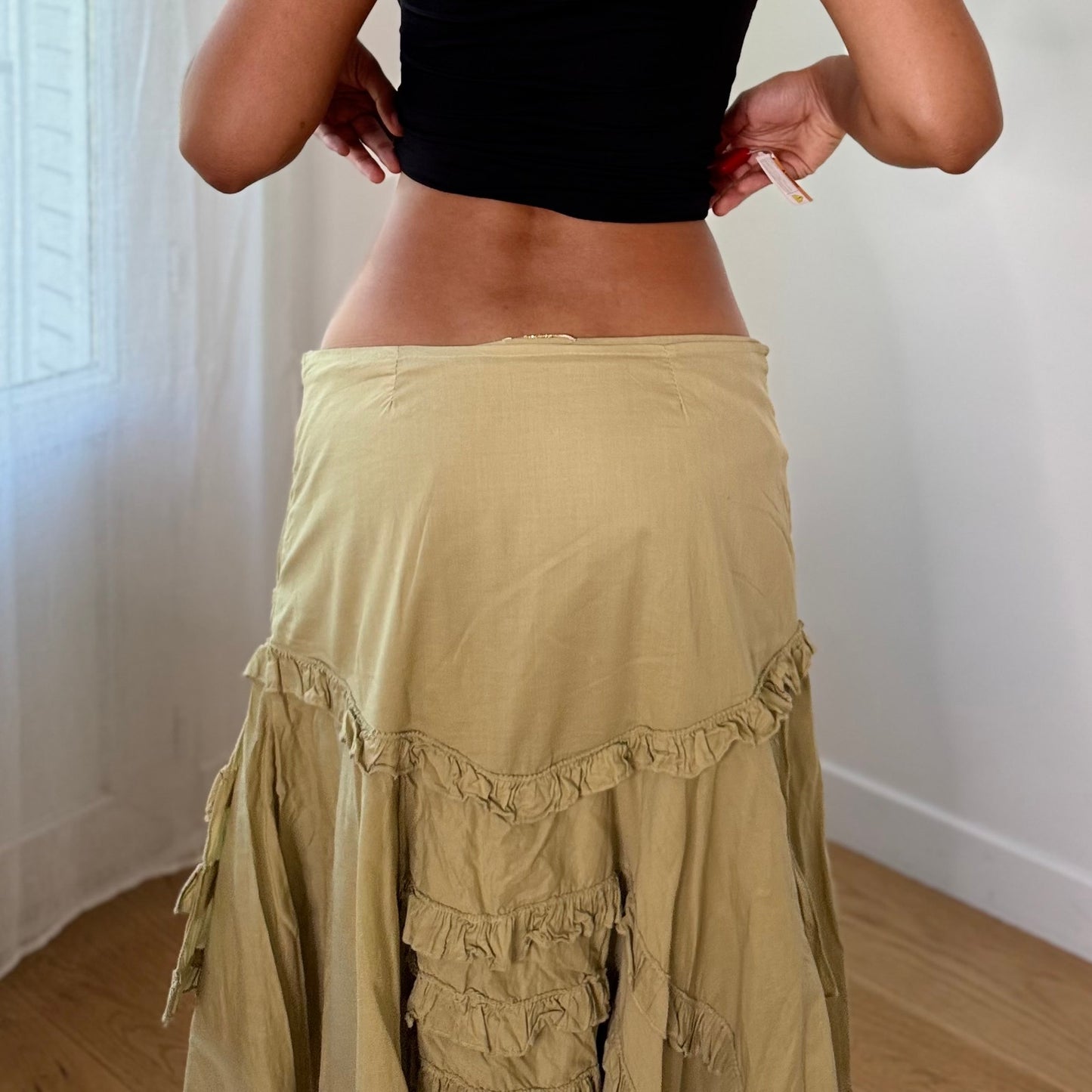 Vintage Sage Green Sequins Floral Asymmetrical Midi Skirt Y2K (S/M)
