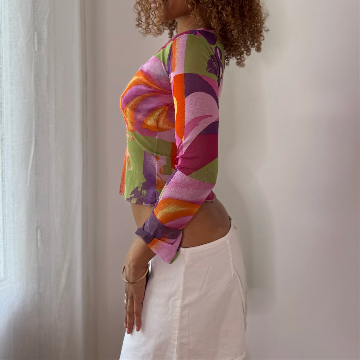 Vintage Purple Pink Green Orange Abstract Mesh Long Sleeve Top Y2K (S)