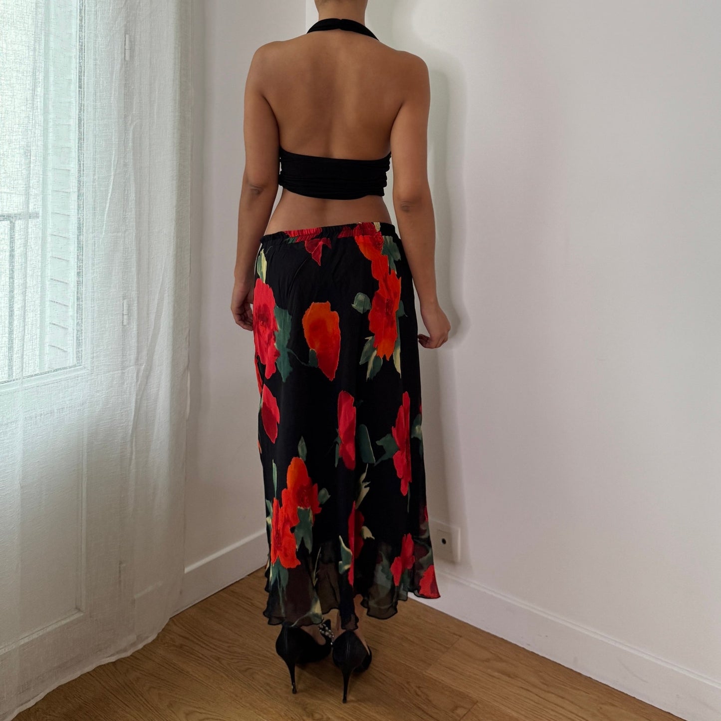 Vintage Black Red Rose Mesh Midi Skirt Sheer Floral Y2K Skirt (S) ⠀