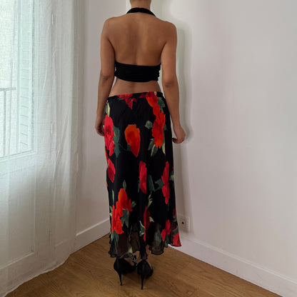 Vintage Black Red Rose Mesh Midi Skirt Sheer Floral Y2K Skirt (S) ⠀