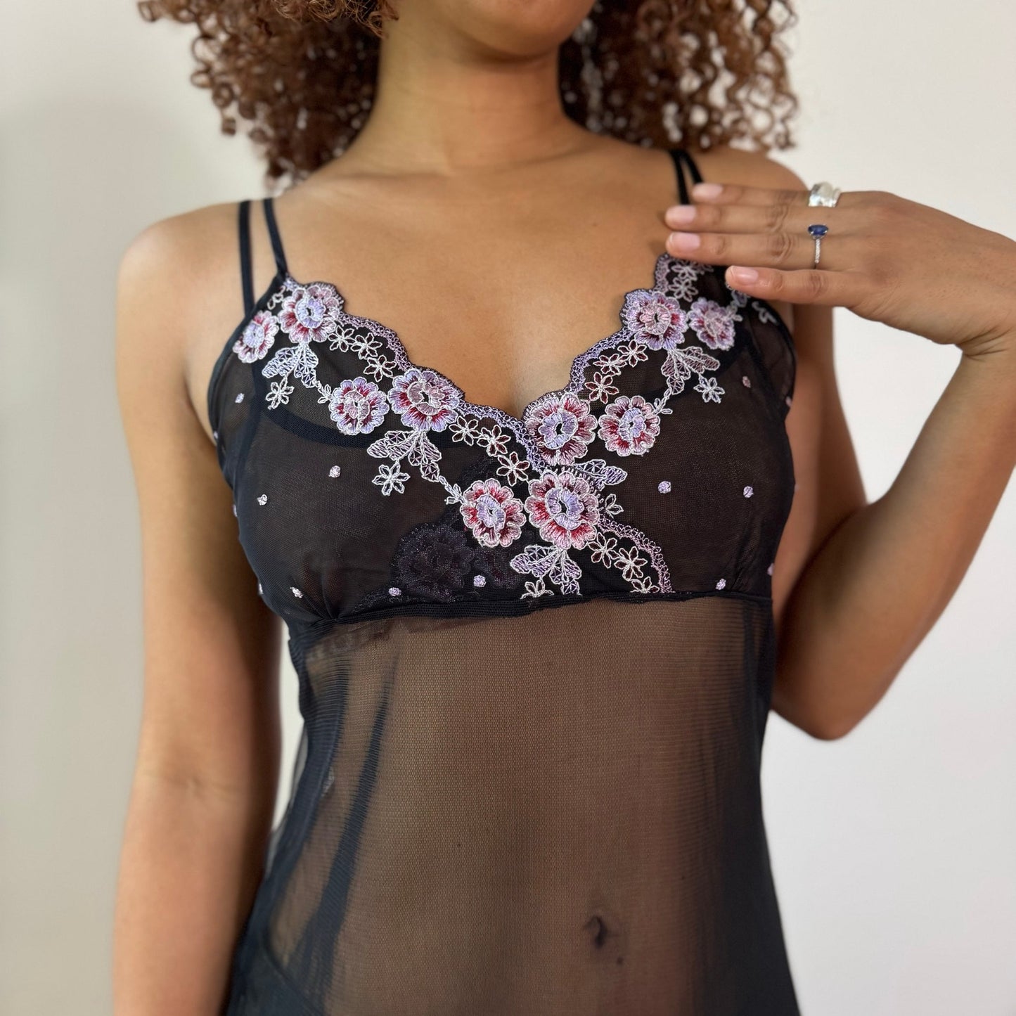 Vintage Black Pink Floral Embroidered Sheer Mesh Babydoll Cami Top (S/M)