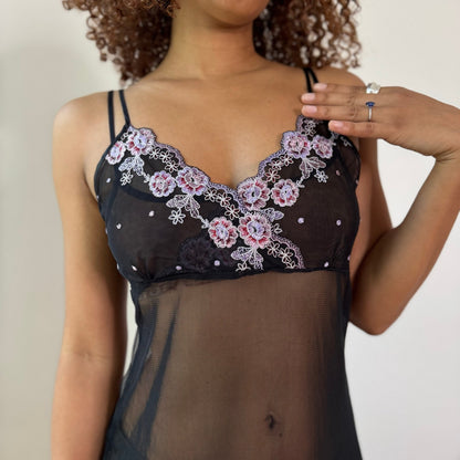 Vintage Black Pink Floral Embroidered Sheer Mesh Babydoll Cami Top (S/M)