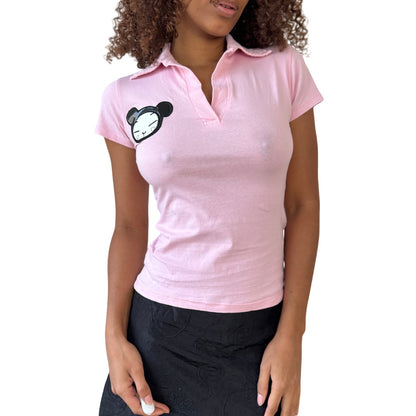 Vintage pink Pucca sequin polo top (S)