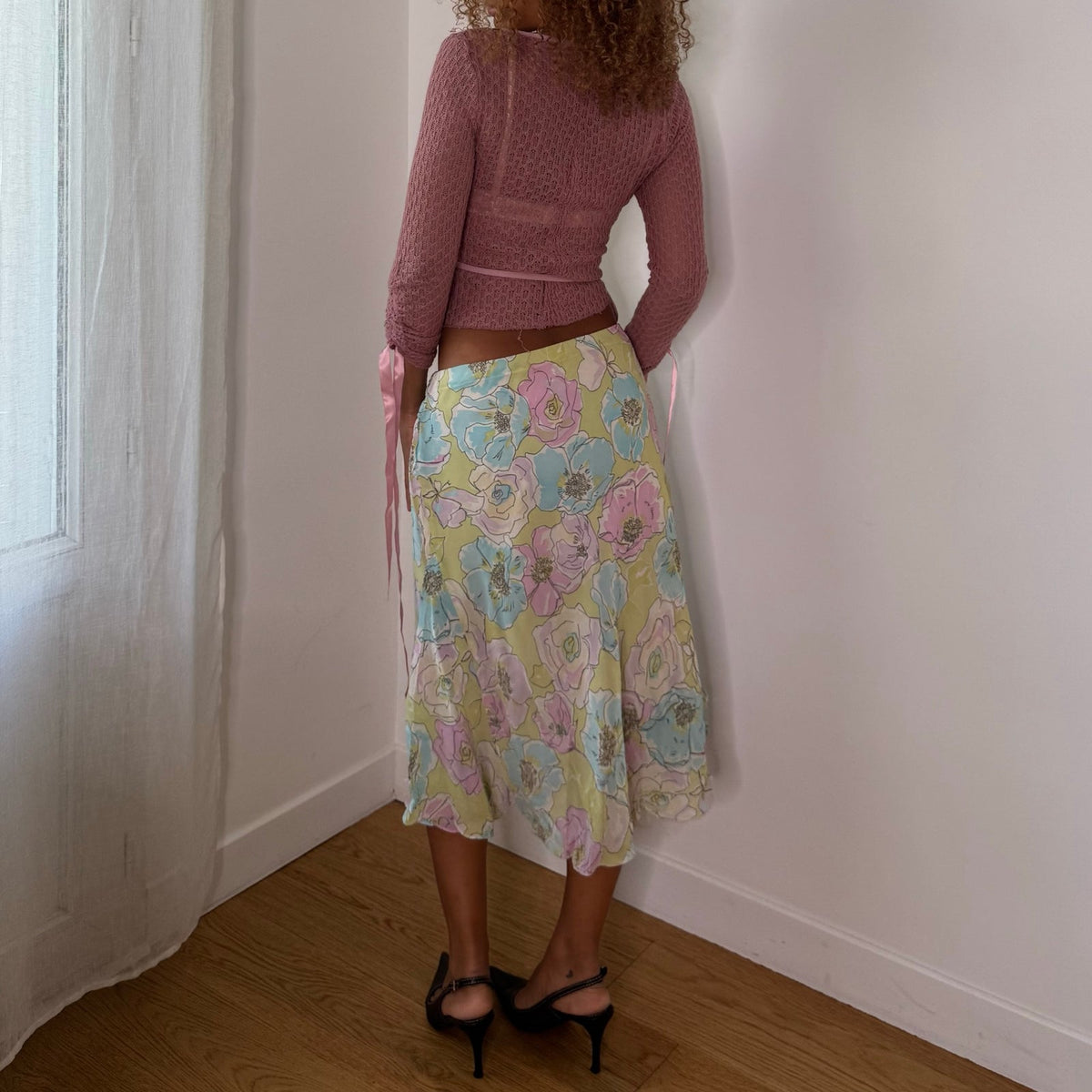 European vintage pastel floral print mesh midi skirt with flared hem