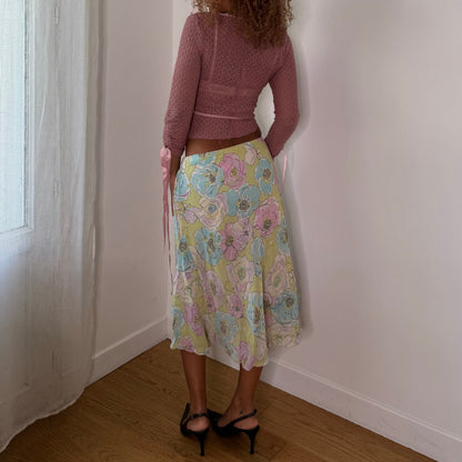 European vintage pastel floral print mesh midi skirt with flared hem