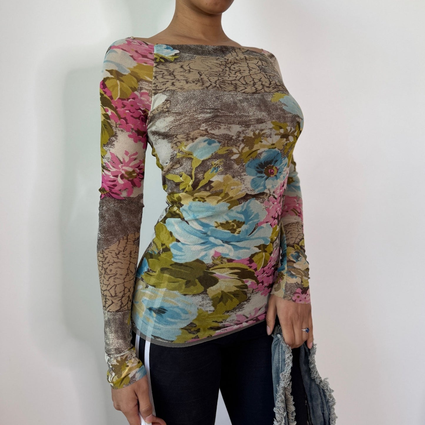 Vintage Blue Pink Floral Mesh Top Layered Sheer Y2K Euro Top (S) ⠀