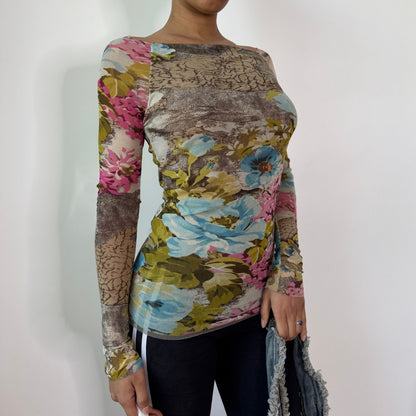 Vintage Blue Pink Floral Mesh Top Layered Sheer Y2K Euro Top (S) ⠀