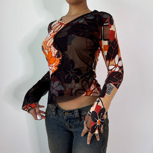 Vintage Brown Orange Abstract Slinky & Mesh Top (S/M) ⠀