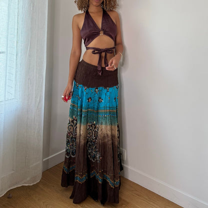 Vintage Brown Blue Sequin Boho Maxi Skirt Euro Y2K (XS/S)