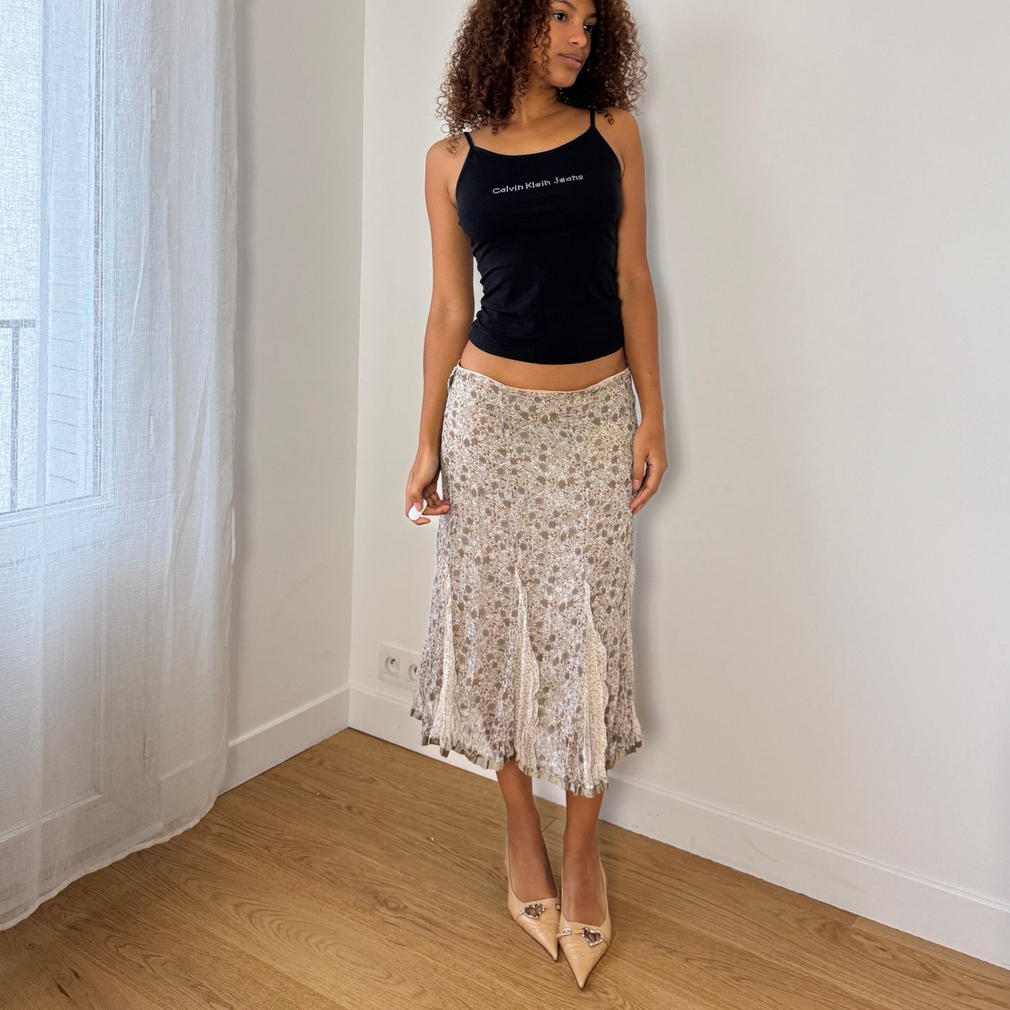 Vintage Italian floral chiffon midi skirt with flounced hem (S/M)