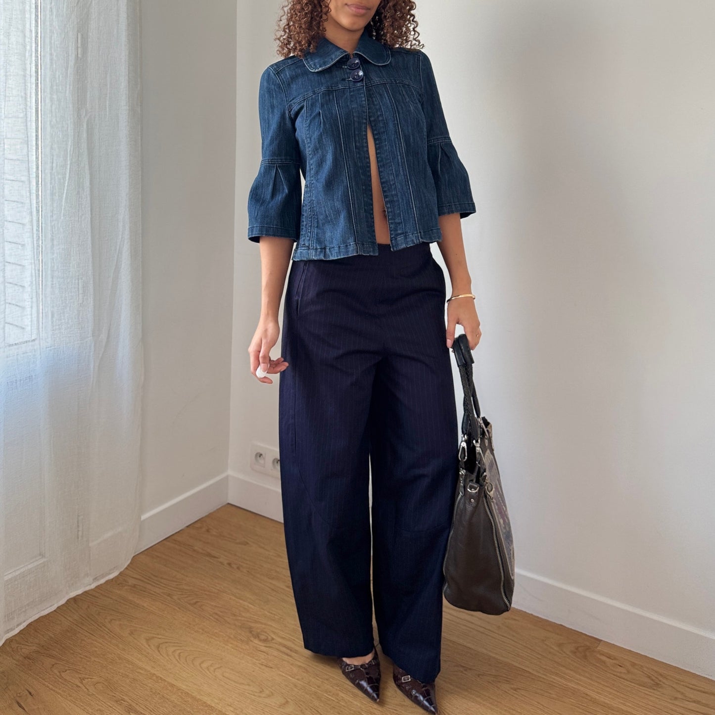 Vintage Blue Denim Cropped Jacket Bell Sleeve Cotton Y2K (S)