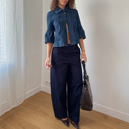 Vintage Blue Denim Cropped Jacket Bell Sleeve Cotton Y2K (S)