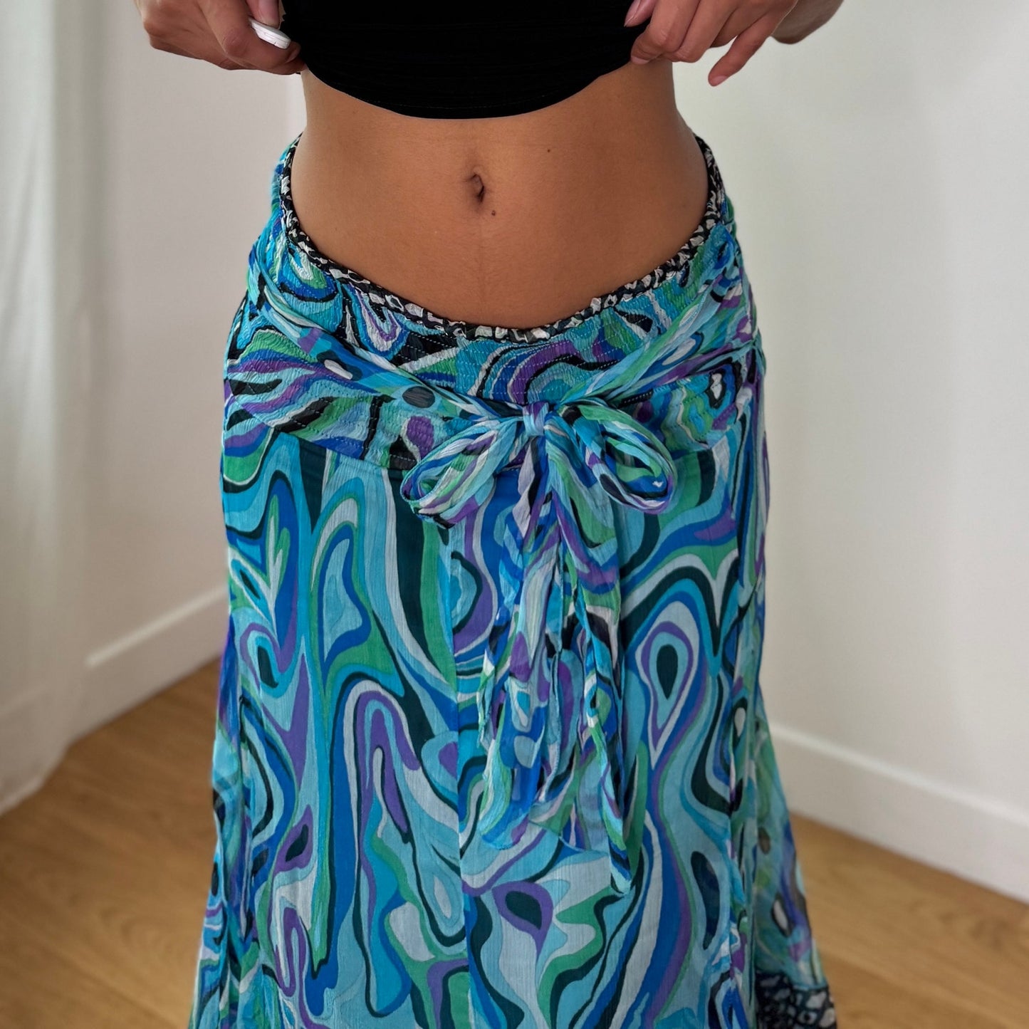 Vintage Blue Psychedelic Silk Mesh Midi Skirt Italian Y2K Tie Waist Skirt (S)