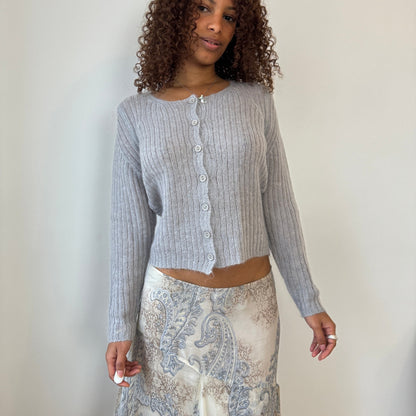 Italian Vintage light grey ribbed mohair-blend knit button-front cardigan (Medium)