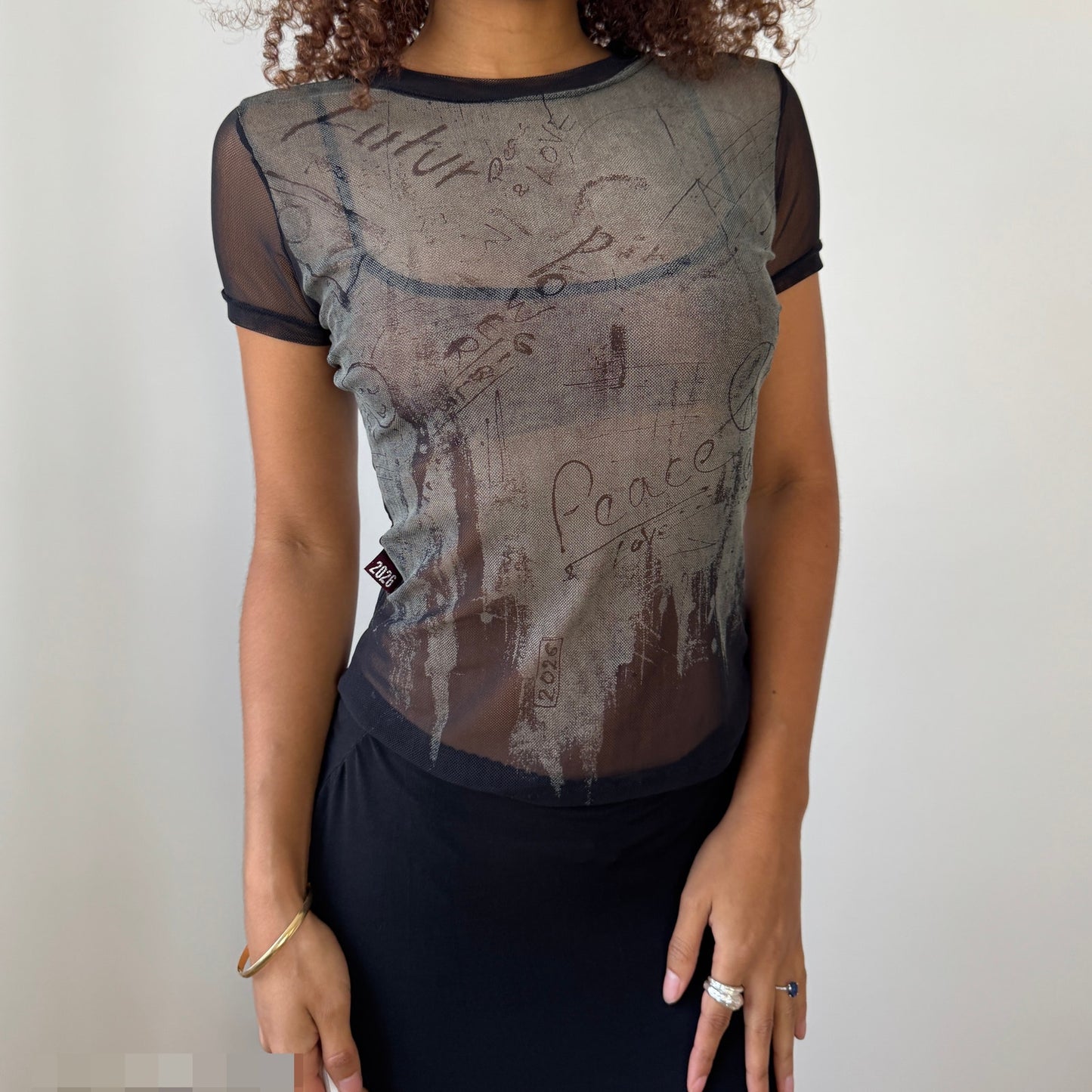 Vintage Cop Copine “2026” sheer mesh graphic short-sleeve top (Small)