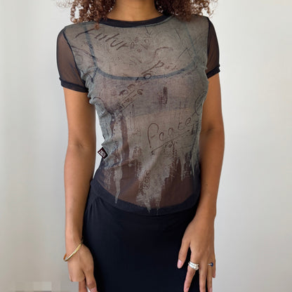 Vintage Cop Copine “2026” sheer mesh graphic short-sleeve top (Small)