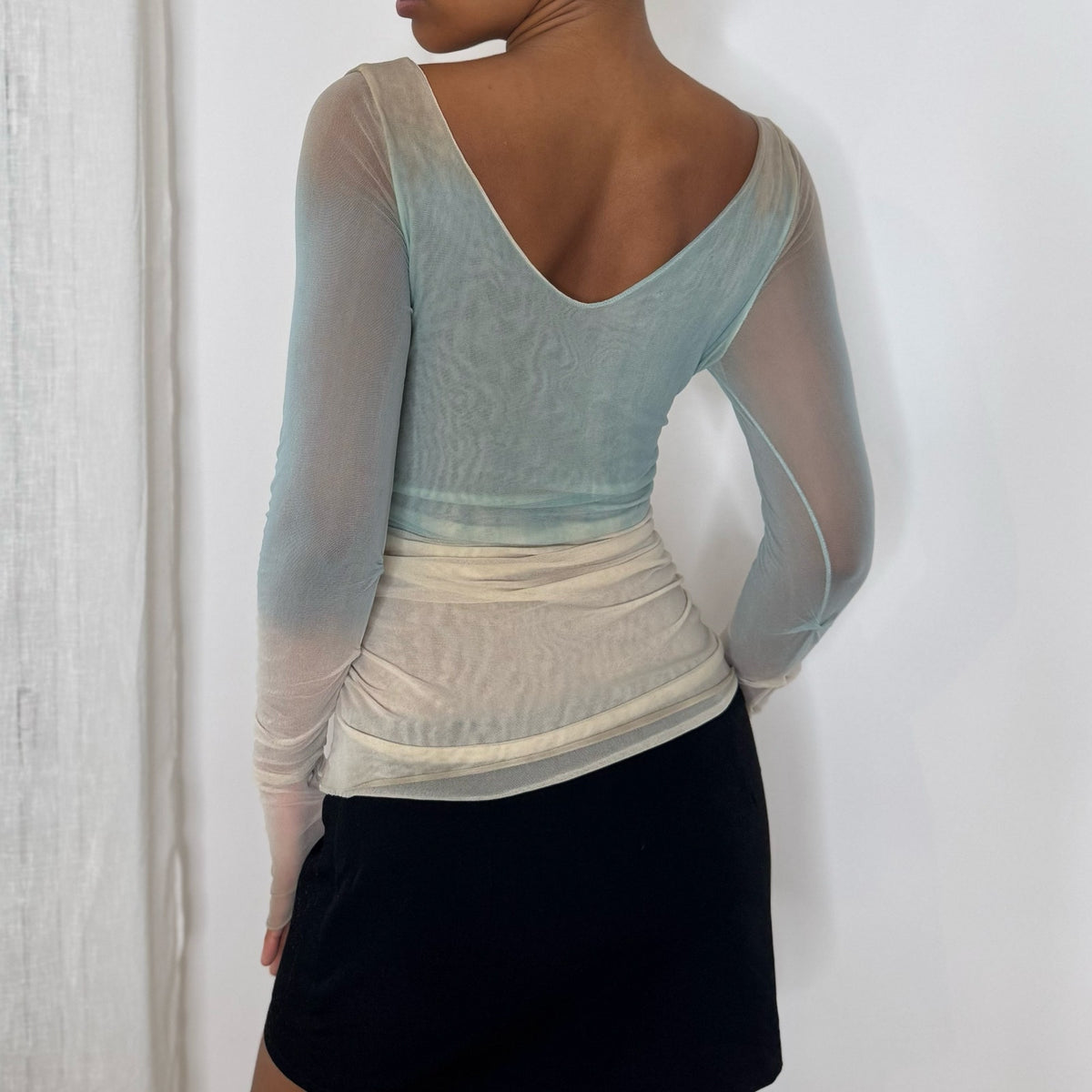 Italian vintage Y2K pale blue and ivory sequin embellished layered sheer mesh long sleeve top with ruched sleeves