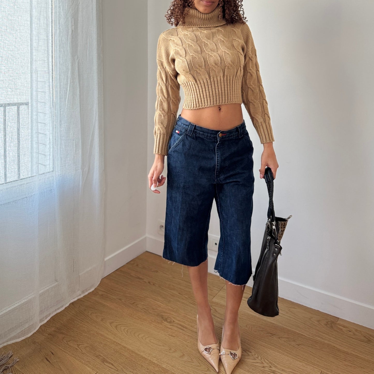 Vintage Italian Camel Cable Knit Cropped Turtleneck Sweater (S)