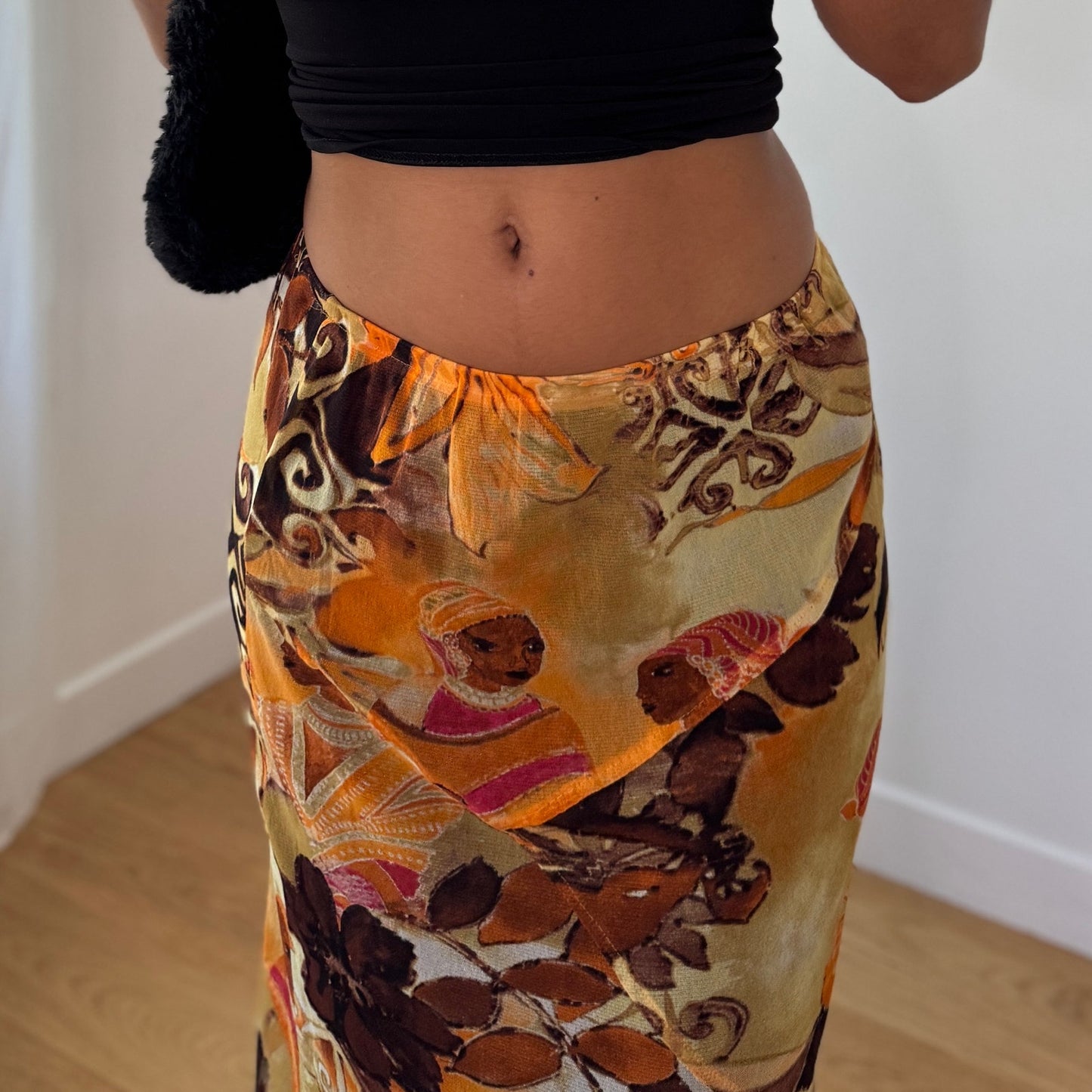 French Vintage Abstract Tribal Mesh Maxi Skirt (S) ⠀