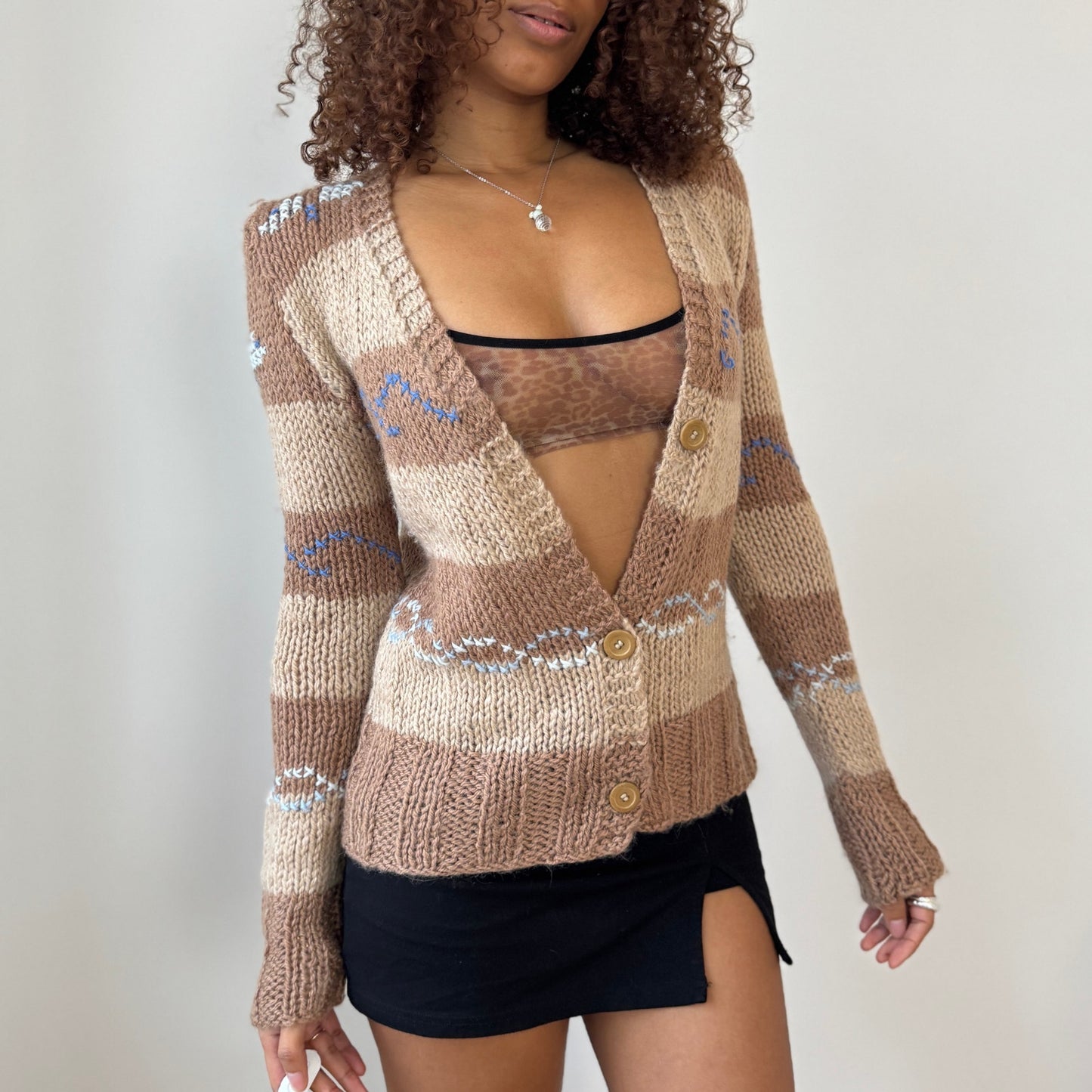 Italian Vintage neutral stripe hand-detail knit button cardigan (S/M)