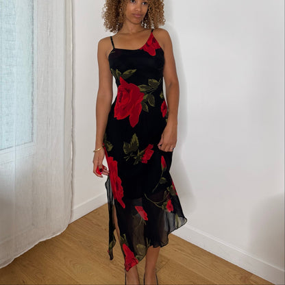 Italian vintage black & red rose print mesh midi slip dress with spaghetti straps