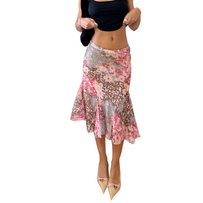 Vintage Sandro Ferrone Floral Mesh Midi Skirt Pink Brown Sheer Hem (S)