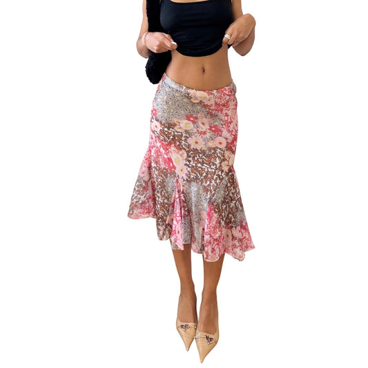 Vintage Sandro Ferrone Floral Mesh Midi Skirt Pink Brown Sheer Hem (S)