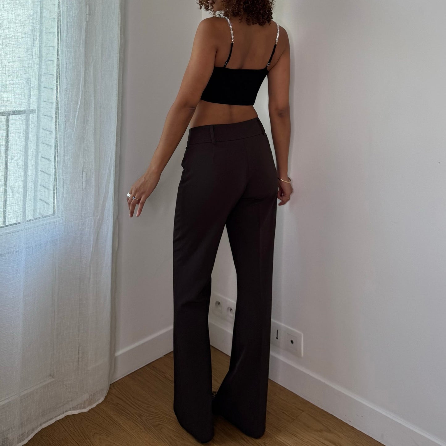 Vintage French Brown Bootcut Trousers Low Rise Y2K Pants (S)