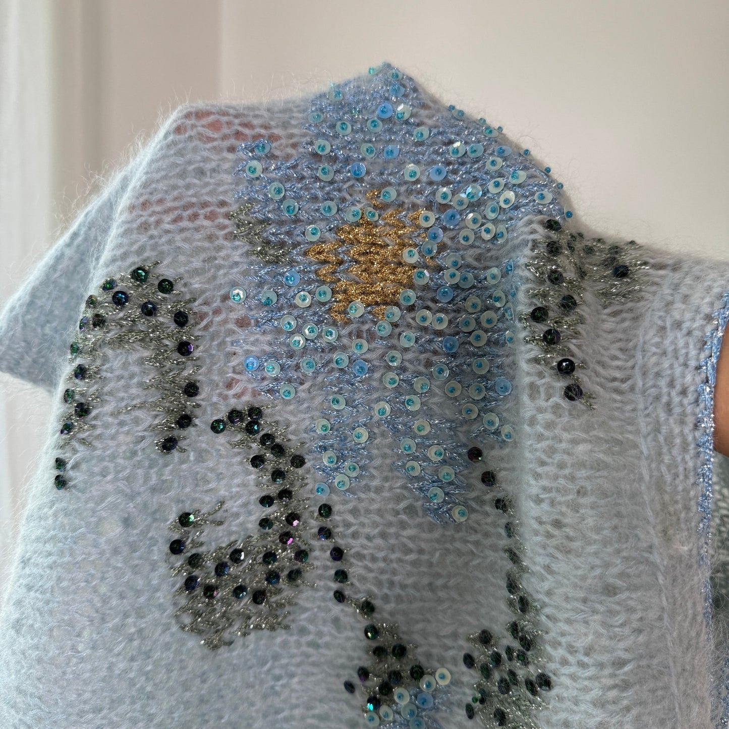 Vintage Baby Blue Mohair Blend Floral Sequin Sweater Italian Y2K Fuzzy Knit Top (S/M)