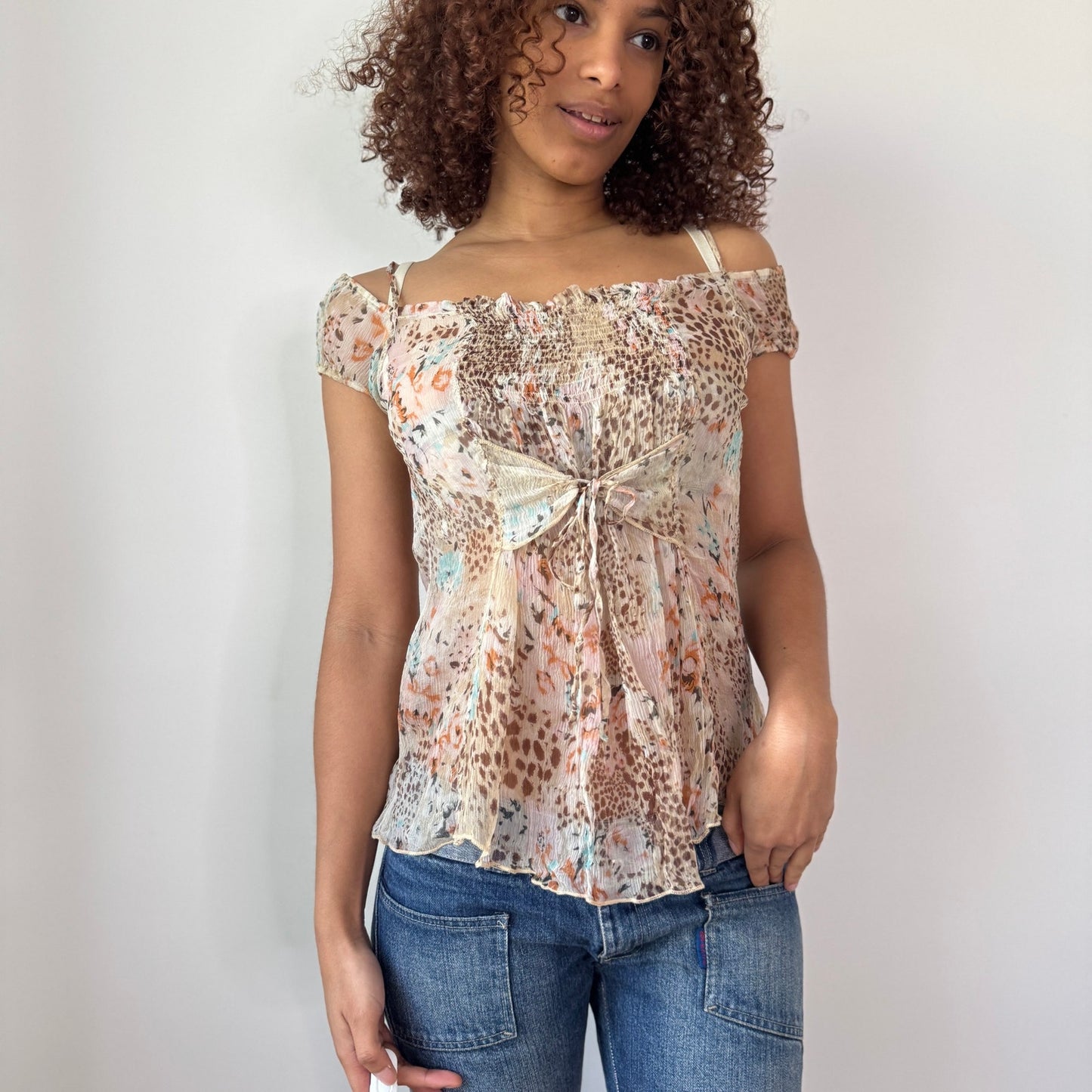 Vintage Fairy Grunge Silk Mesh Top Floral Leopard Italian Y2K (M)