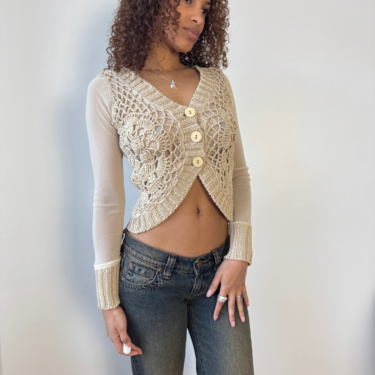 Italian vintage beige crochet knit cardigan with sheer mesh sleeves & ribbed knit cuffs (S)