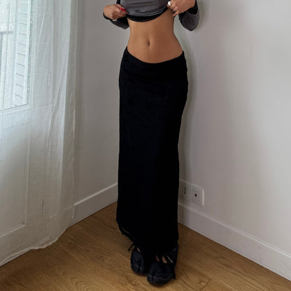 Vintage Italian Black Floral Burnout Velvet Maxi Skirt Y2K (S)