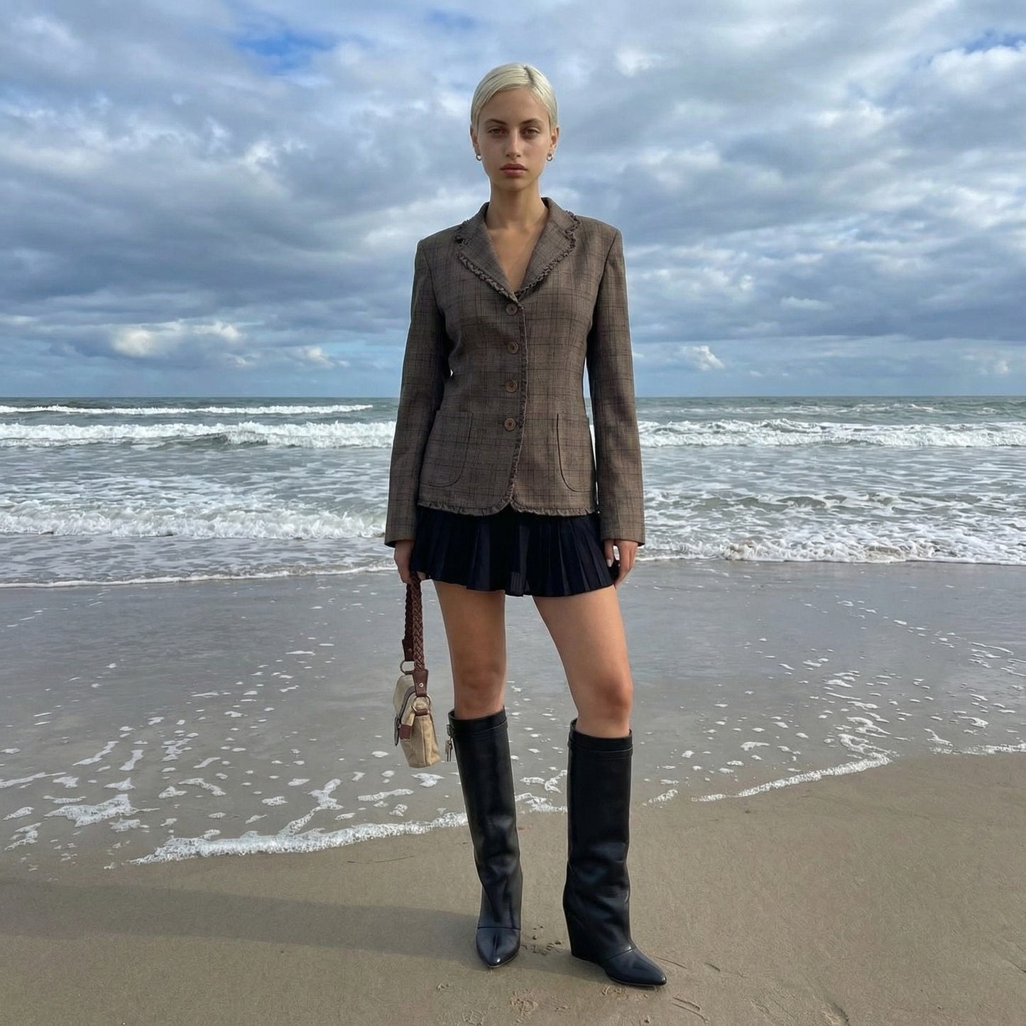 Vintage French Taupe Plaid Button Front Tailored Jacket with Ruffle Trim (S/M)