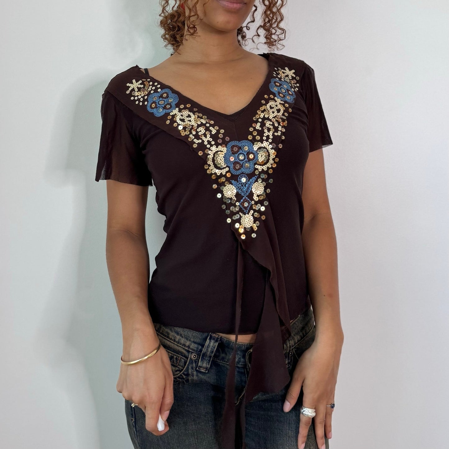 Vintage Annarita N Brown Sequin Embroidered Open Back Top Italian Y2K (S)