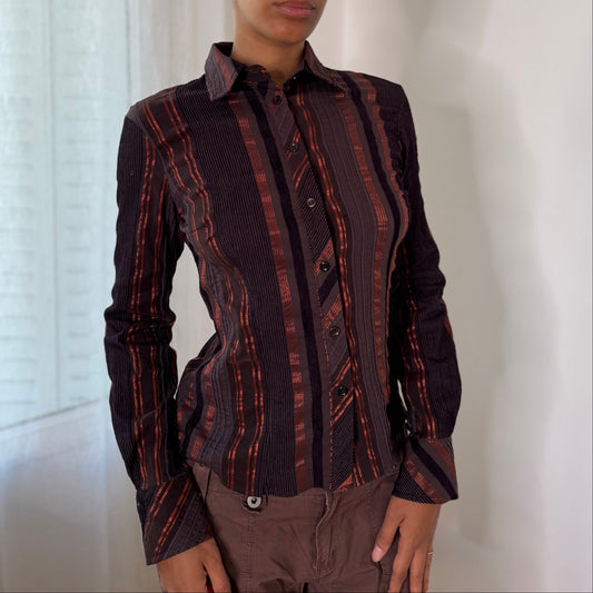 Italian Vintage Brown Orange Striped Fitted Button Up Shirt