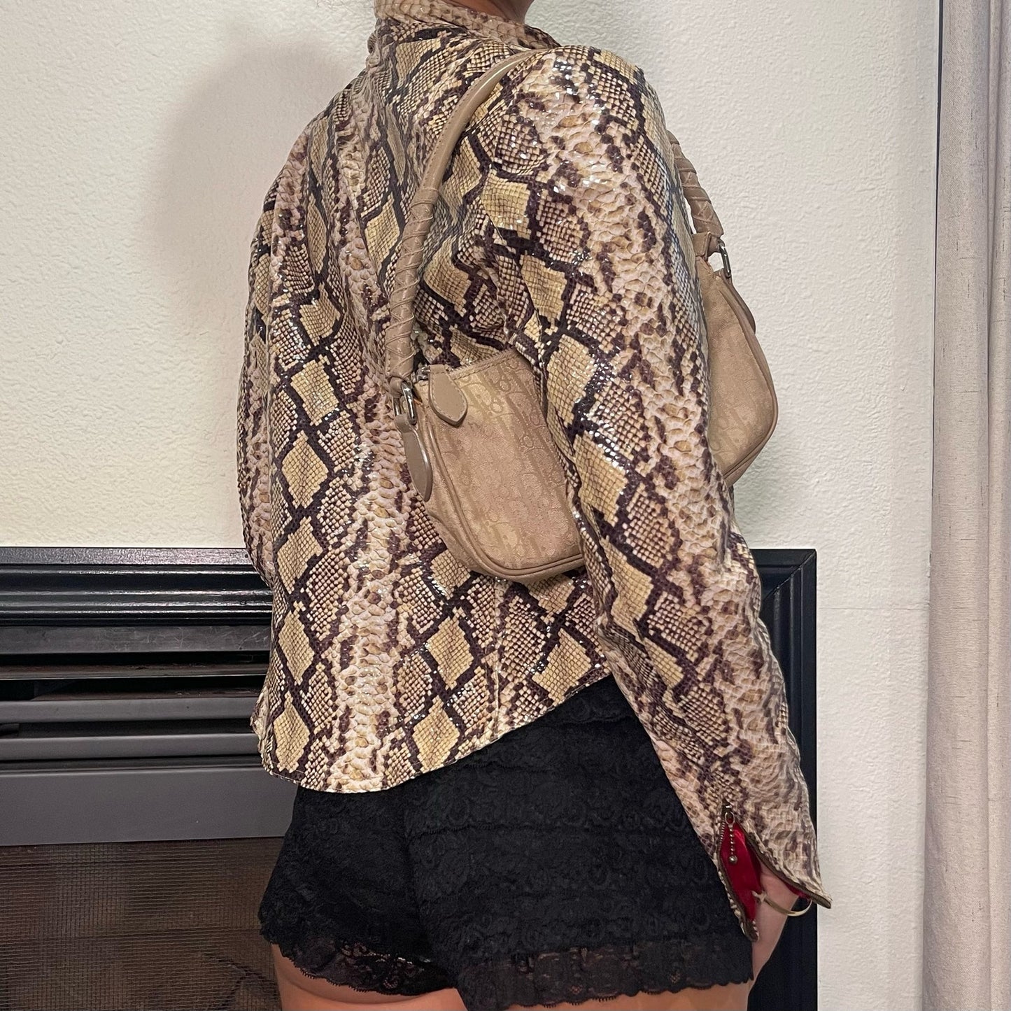 Made in France - French Designer Vintage 90s Fitted Snake Print Moto Jacket XS