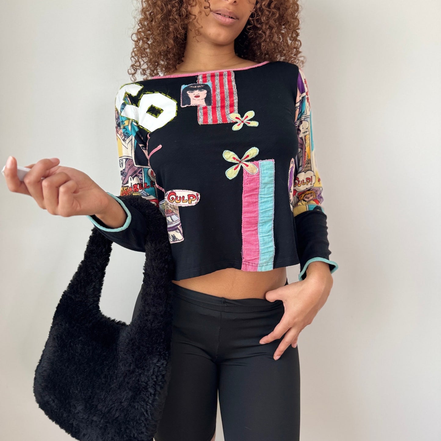 Vintage Derhy Patchwork Graphic Top Mixed Print Artsy Y2K (S)